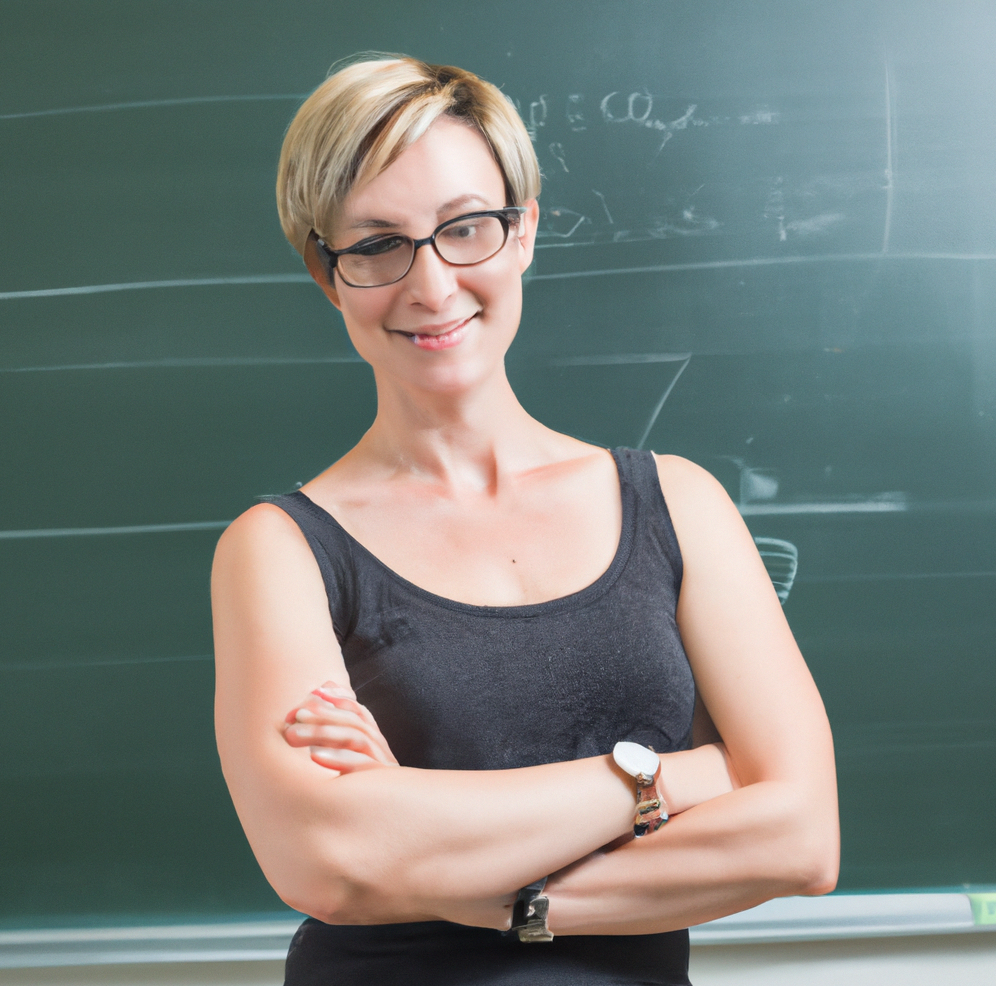 female teacher teaching a class in front of a blackboard