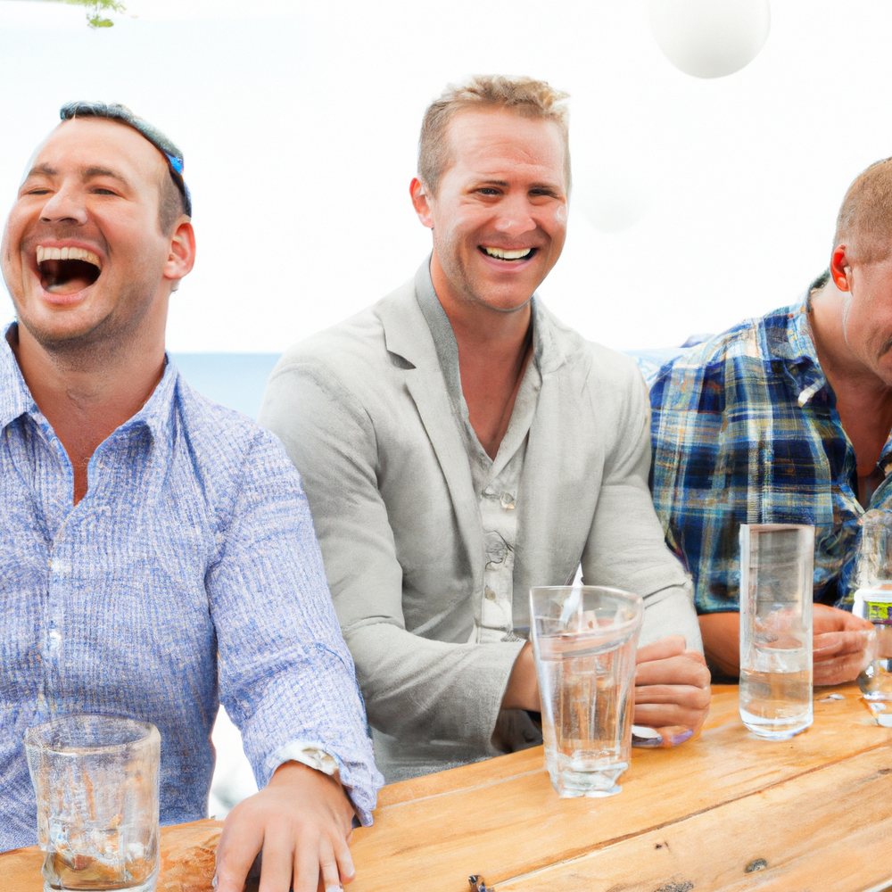 white men around a table having fun