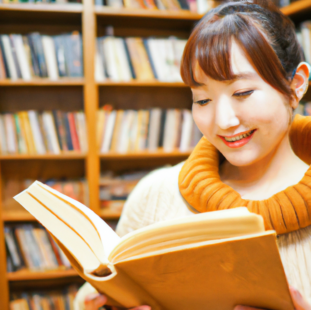 woman reading a book in a warm library