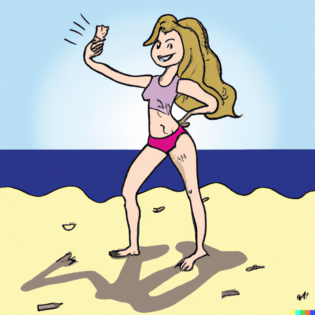 Girl taking a picture of herself for instagram on a beach in a swimsuit, cartoon art