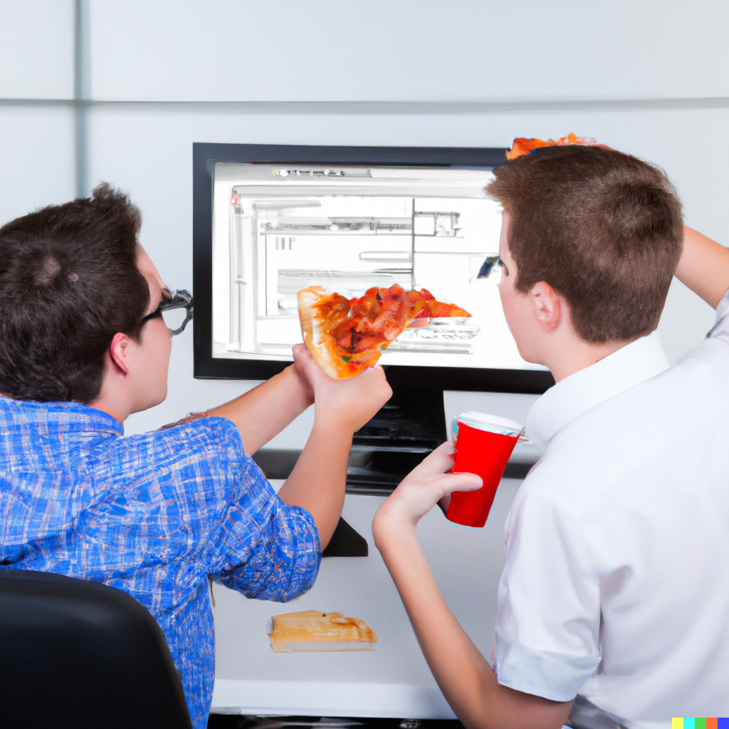 programmers in front of a computer with a slice of pizza on their desk